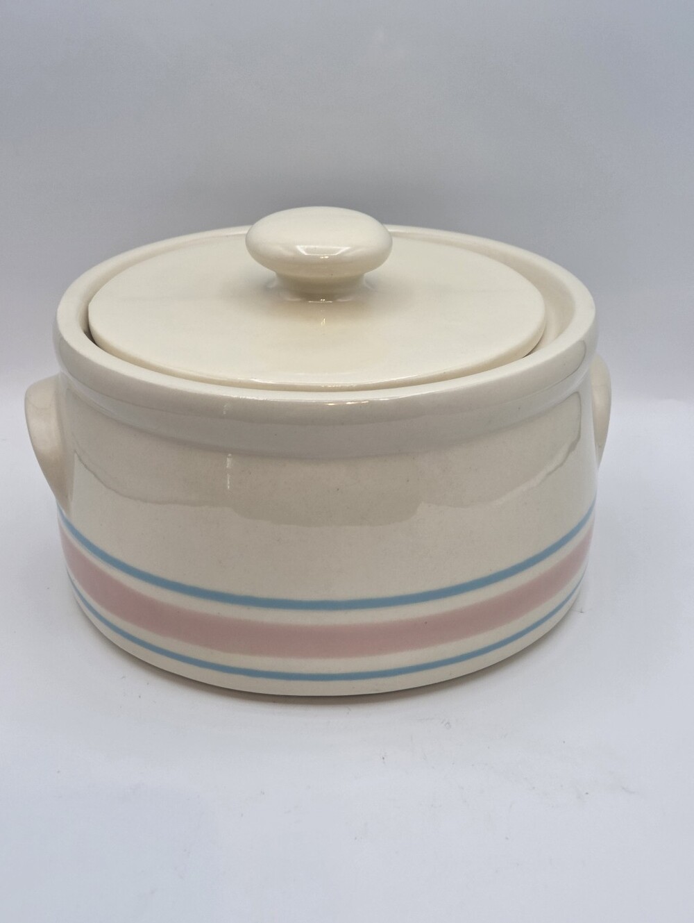 McCoy 1421 Pink & Blue Stripes Lidded Bean Pot Casserole - Picture 3 of 7